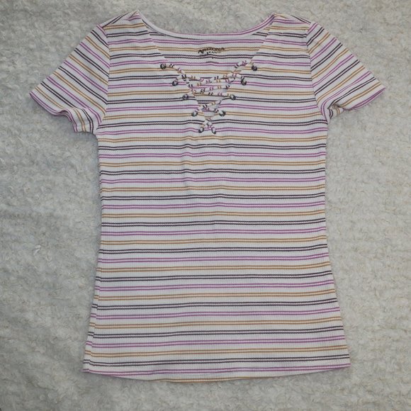 Arizona Jeans Striped Lace Up Short Sleeve Top - Picture 1 of 7
